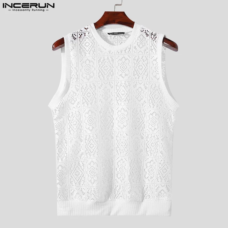 Fashion Well Fitting Tops INCERUN New Men\'s Tracery Perspective Design Vests Casual Sexy Thin Sleeveless O-neck Tank Tops S-5XL