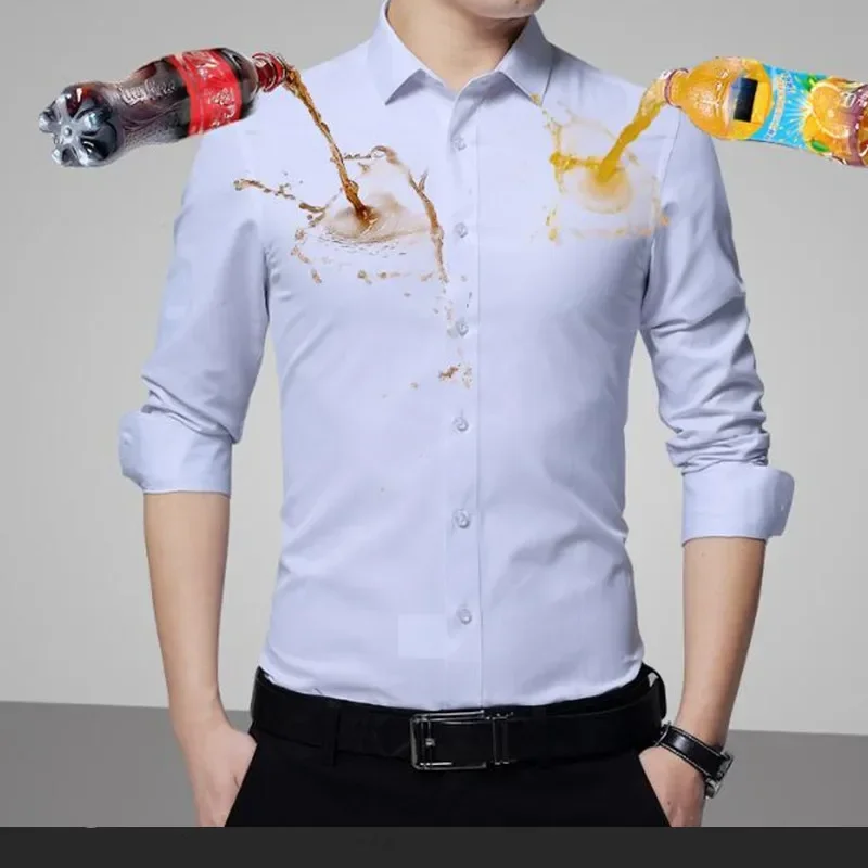 

Summer men's long-sleeved non-ironing elastic business casual waterproof, anti-fouling, oil-proof, three-proof white shirt S~8XL