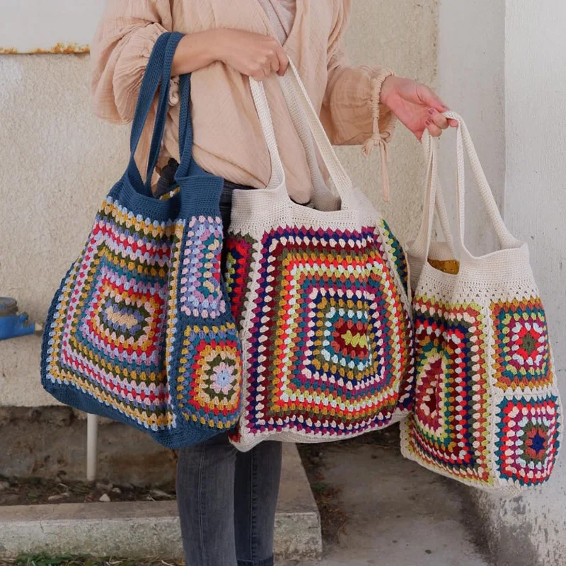 Colorful Big Shoulder Bags For Women Granny Square Crochet Black Navy Apricot Boho Handbags Cute Woven Purse For Summer Beach