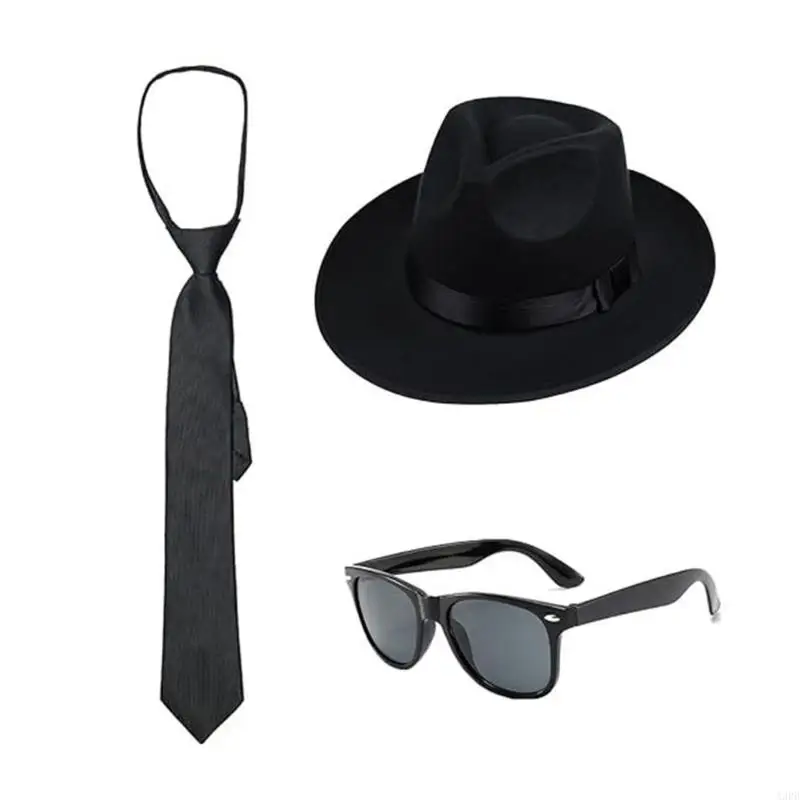 1920s Mens Costume Accessories with Fedoras Gangster Hat,Neck Tie Sunglasses Mobster Costumes Set for Halloween Cosplay