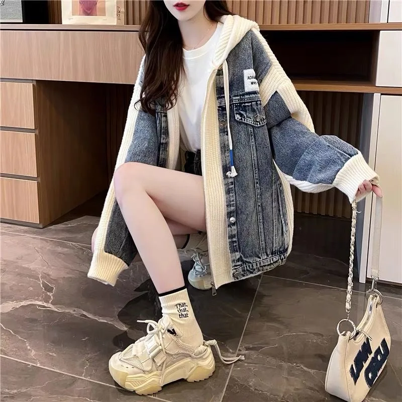 Denim Knitted Spliced Hooded Jackets Coats Fall Winter Warm Streetwear Chaquetas Vintage Casaco Korea Loose Casual Women Jaqueta