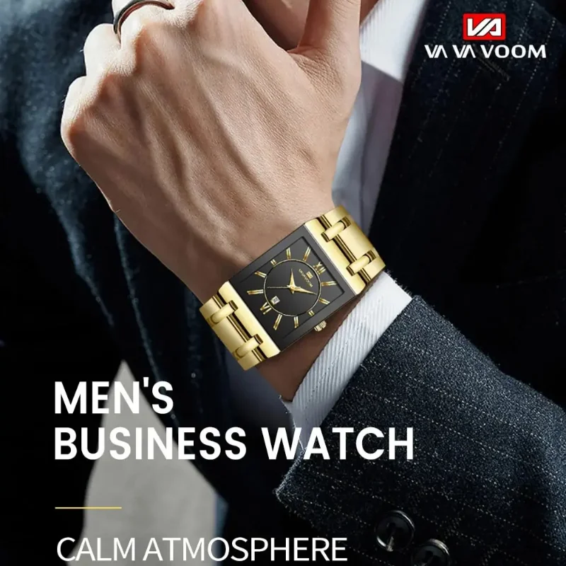 VAVAVOOM Watches for Men Business Luxury Square Black Gold Stainless Steel Quartz Wristwatch Calendar Waterproof Watches for Men