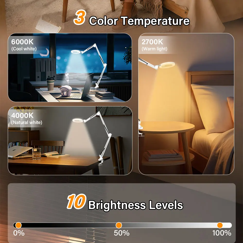 

Upgrade 3-Segment folding Magnifying Glass Lamp with 3 Color Adjust LED Lights Reading Table Lamp for Welding Repair Close Work
