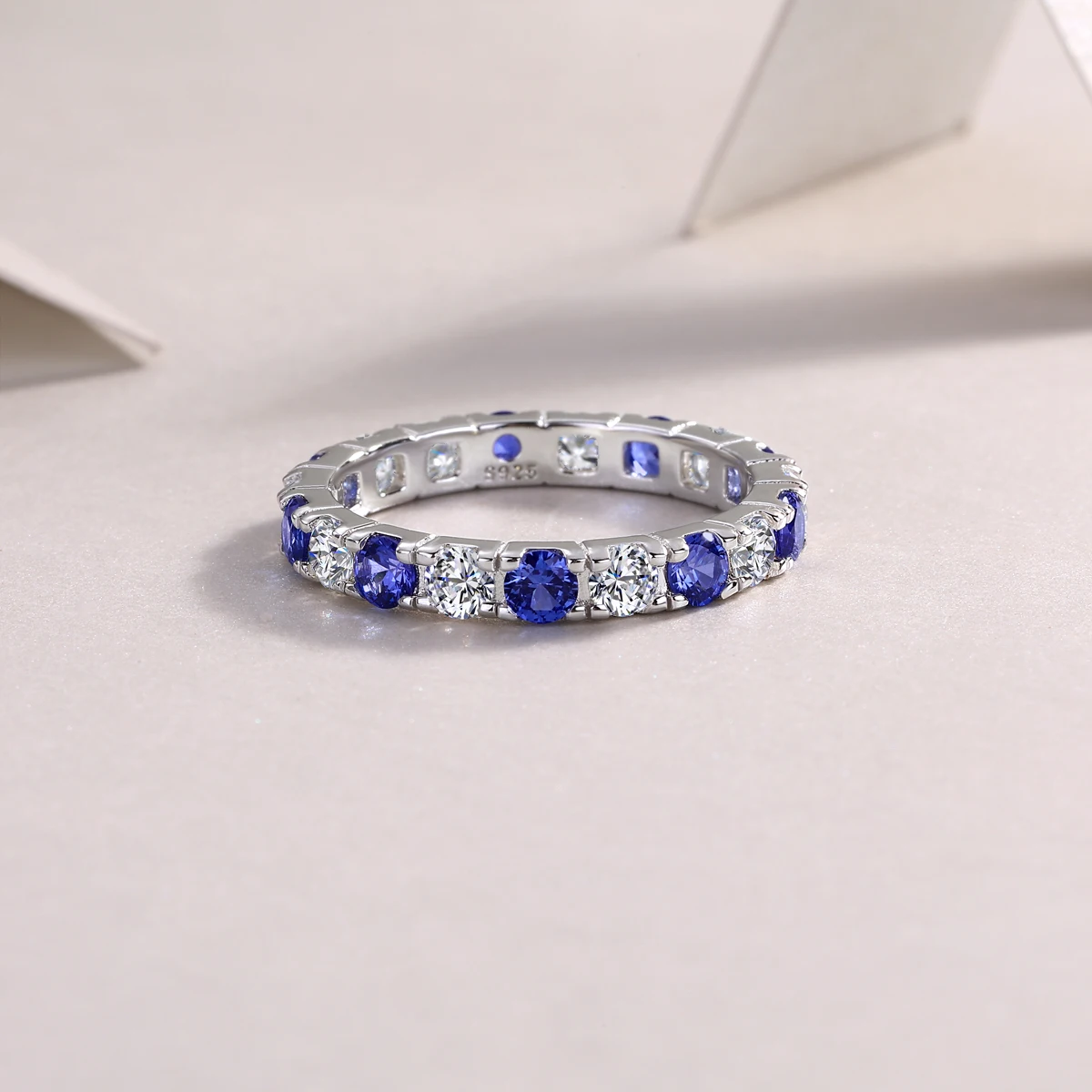Elegant S925 Silver Ring with Alternating Moissanite & Blue Sapphires, 18K Gold Plated, Exquisite Design, Includes GRA Certifica