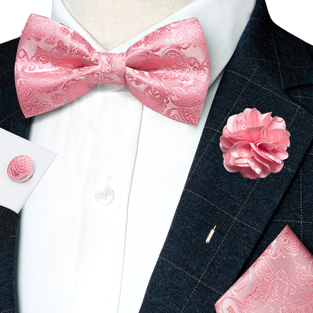 Champagner-Seiden-Jacquard-Paisley-Fliege für Herren, Brosche, Einstecktuch, Manschettenknöpfe-Set, vorgebundene Fliege mit Schmetterlingsknoten für Männer, Hochzeit, Geschäft – Detail 13