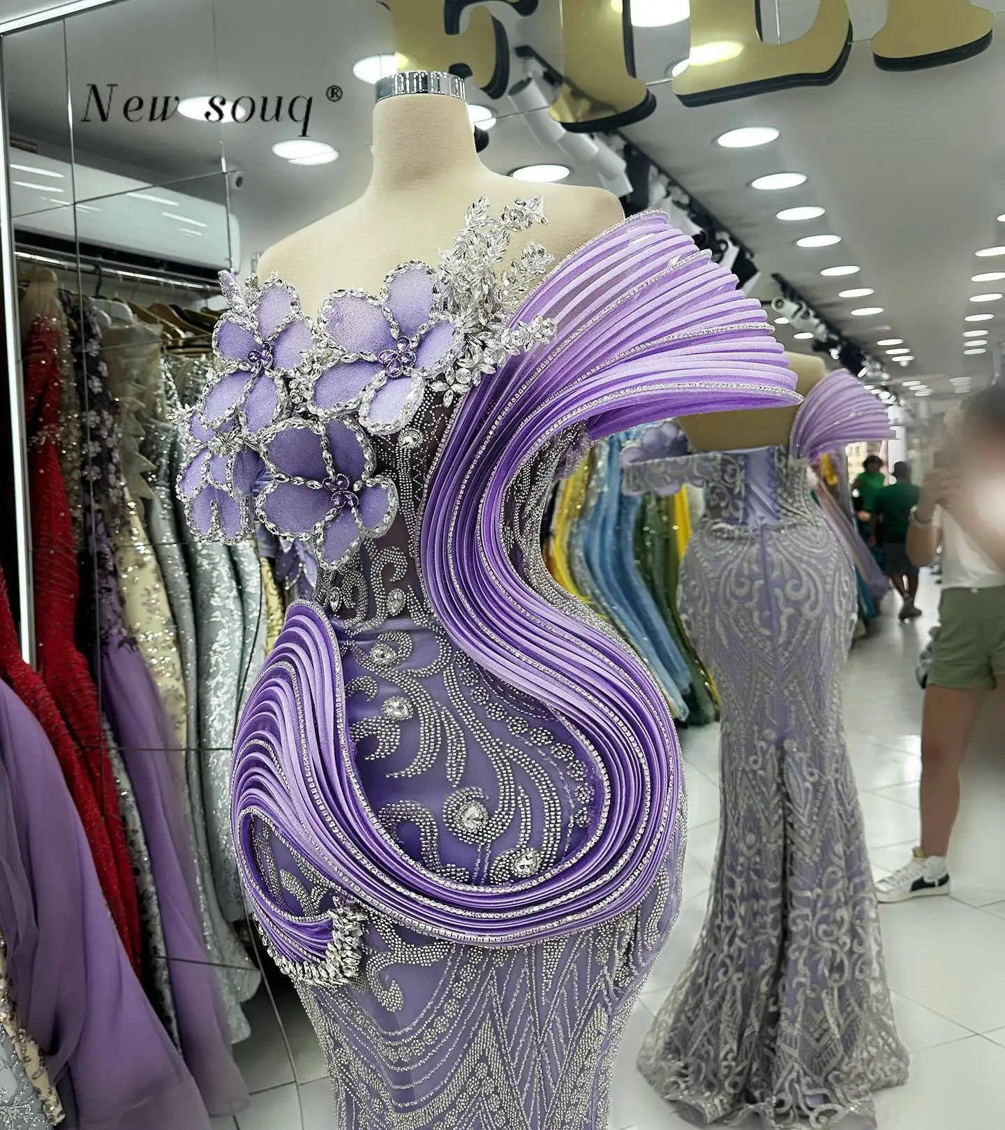 Vestidos de fiesta de sirena lila con hombros descubiertos personalizados, cristales de flores, vestidos largos formales de fiesta de noche y cumpleaños para bodas