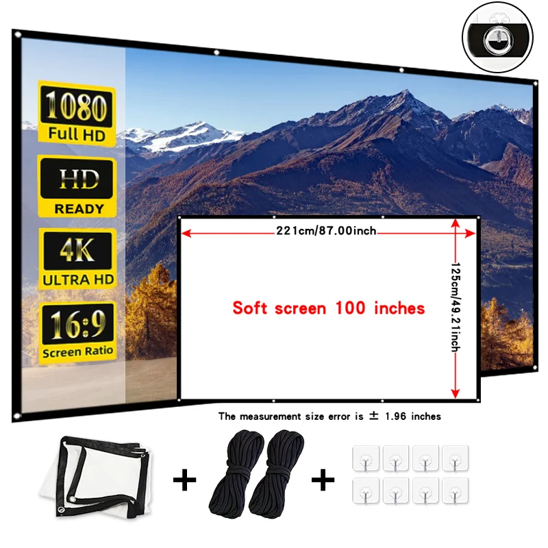 

100 inch high-density projection screen. Easy installation with hooks and ropes. Supports high-definition projection.