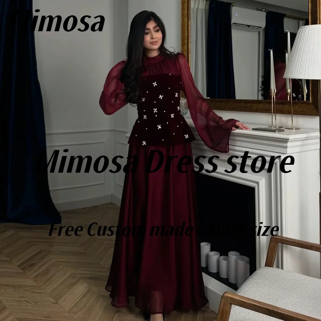 

Mimosa Burgundy 2025 Prom Dresses High Collar Long Sleeves Evening Gowns Beaded Chiffon Saudi Party Formal Dress Customized