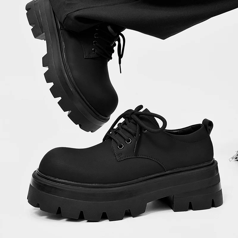 Matte Frosted Full Black Commuter Thick Bottom Heightening 7 Cm Trendy Shoes Men's Shoes Casual Leather Shoes