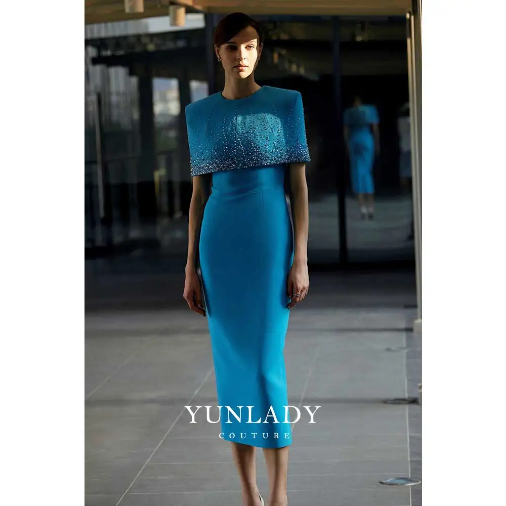 YUNLAN Gorgeous Blue Saudi Arabia Cape Midi Evening Dress 2024 Elegant Women Beaded Engagement Party Dress Guest Formal Dress