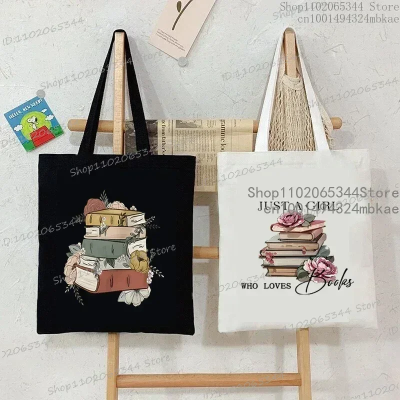 Just A Girl Who Loves Books Canvas Tote Bag Women Reusable Shopper Bag Vintage Rose Books Fashion Read Lover Shoulder Handbags