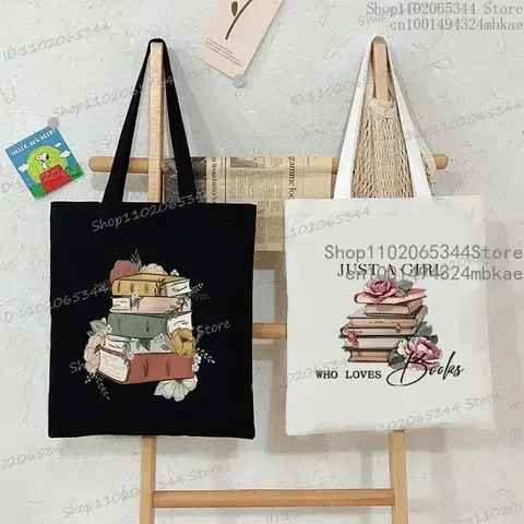 책을 사랑하는 소녀 캔버스 토트 백 여성 재사용 가능한 구매자 가방 빈티지 로즈 책 패션 읽기 연인 숄더 핸드백