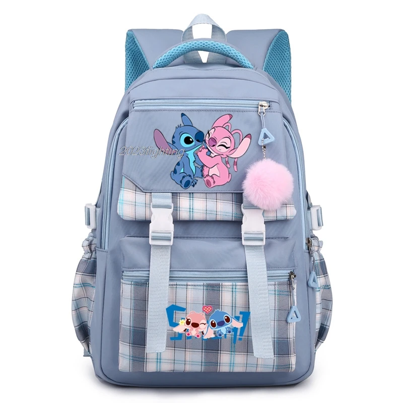 Lilo & Stitch-mochila a cuadros con múltiples bolsillos para hombre y mujer, bolso escolar ligero para ordenador portátil, con dibujos animados,