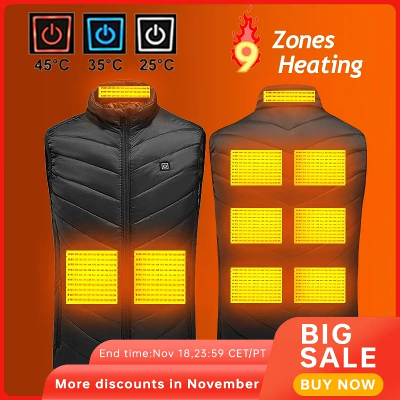 PHMAX 9 Zones Heated Vest Hiking Heated Jacket Vest Outdoor Sports Men Fishing Camping Ski Warming Thermal Clothing Washable