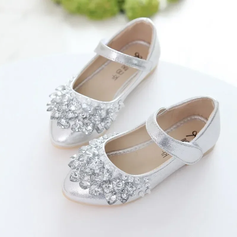 Girls Crystal Shiny Princess Shoes Kids Sweet Flats Performance Shoes Fashion Children\'s Leather Shoes for Party Wedding