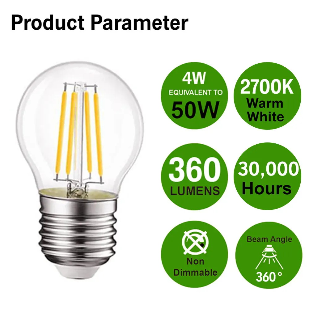 LED Filament Light Bulbs Basics E27 Edison Screw Bulb C35 G45 A60 ST64 G80 4W (equivalent to 50W) LED Bulbs
