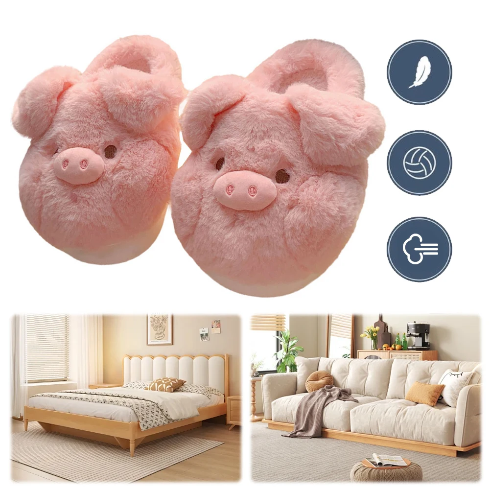 

Pink Pig Winter Plush Slippers Slip-on House Shoes Non Slip Furry Thick Sole Slippers Comfortable Fluffy Piggy Slippers for Home