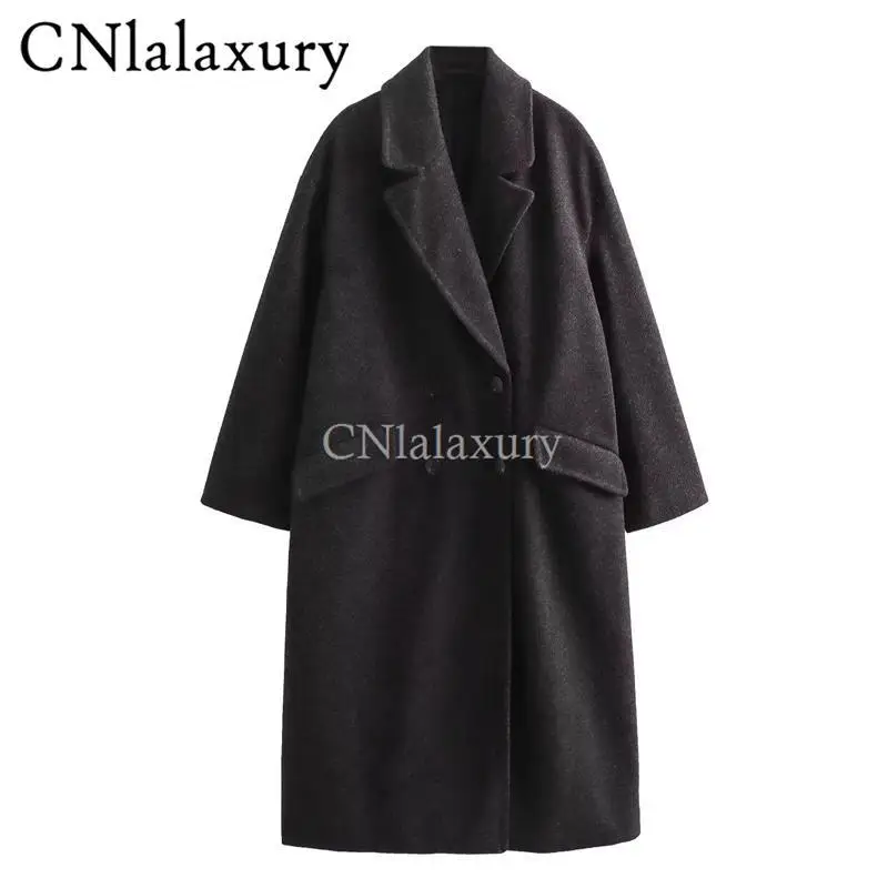 CNlalaxury 2024 Autumn Winter Women New Long Lapel Solid Color Trench Button Cardigan Long Sleeved Simplicity Fashion Outwear