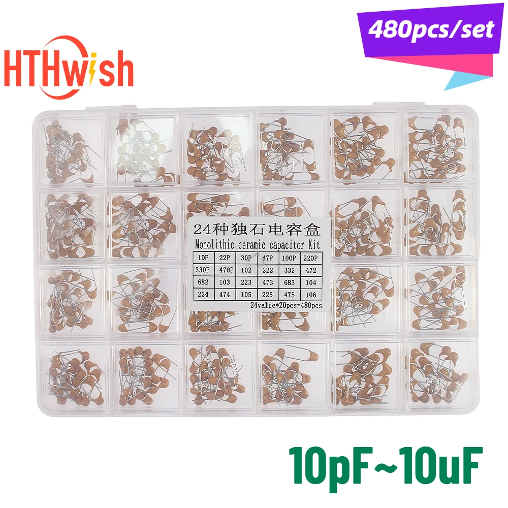 

480pcs/set 50V Monolithic Ceramic Capacitor 10pF~10uF ceramic capacitor Assorted Kit 10pF 22pF 30pF 47pF 100pF 220pF 4.7uF 10uF