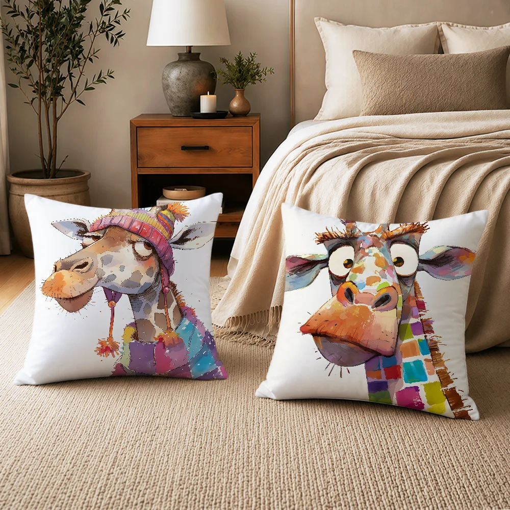 Colorful Quirky Giraffe Cartoon Fun Cushion Cover Soft Pillowcase Double Sided Sofa Home Living Room Decor Bed Hogar Gift