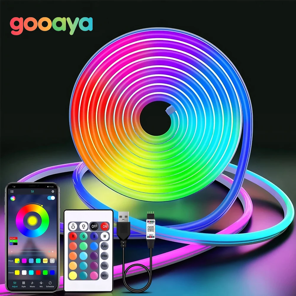 

5V USB RGB Neon LED Strip Waterproof Flexible Ribbon Tape Neon Lights with App Bluetooth and Remote Control for Room Decoration