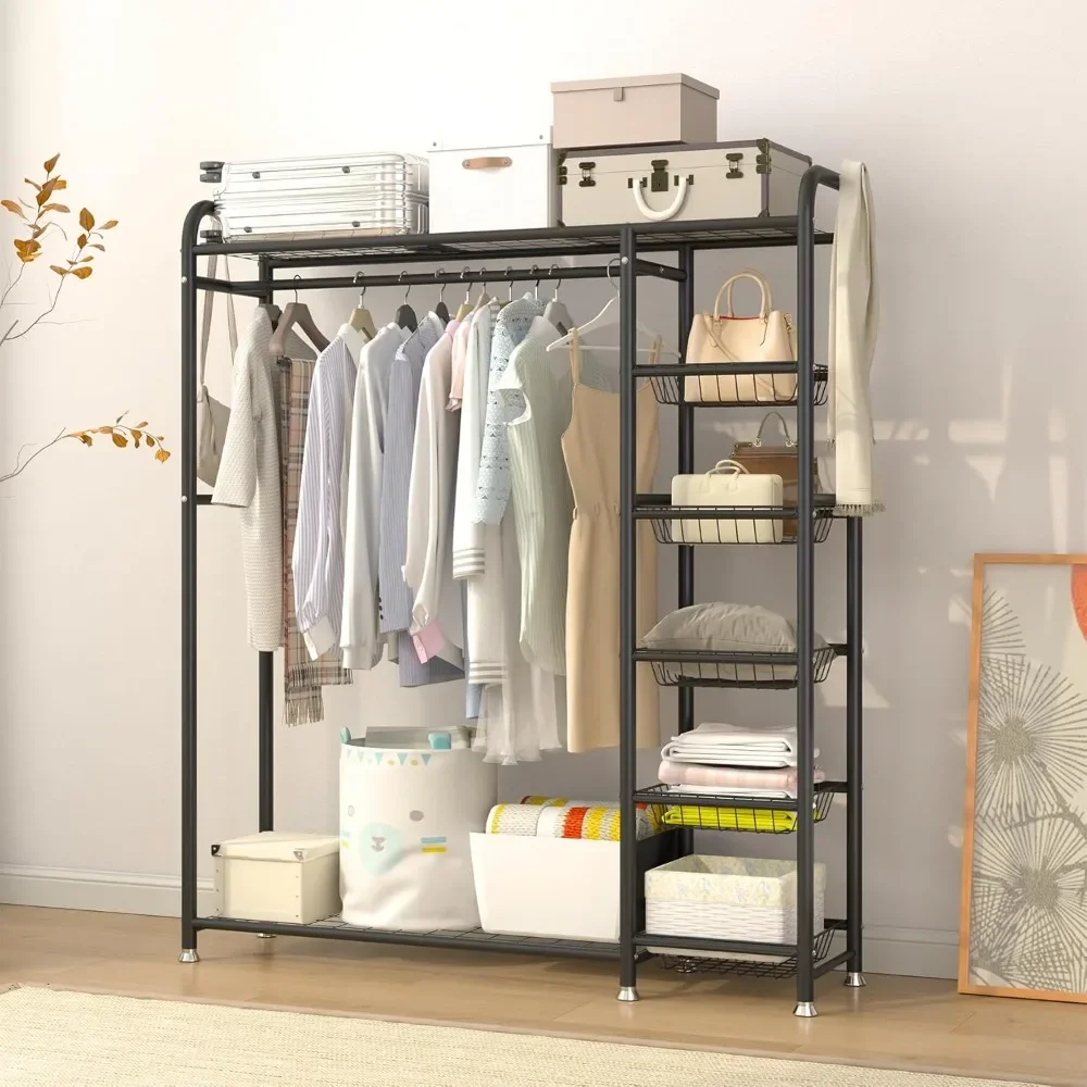 

Wardrobe with 2 Storage Racks and 5 Baskets, Closet Organizer, Free Standing, Easy To Assemble, Clothes Cupboard