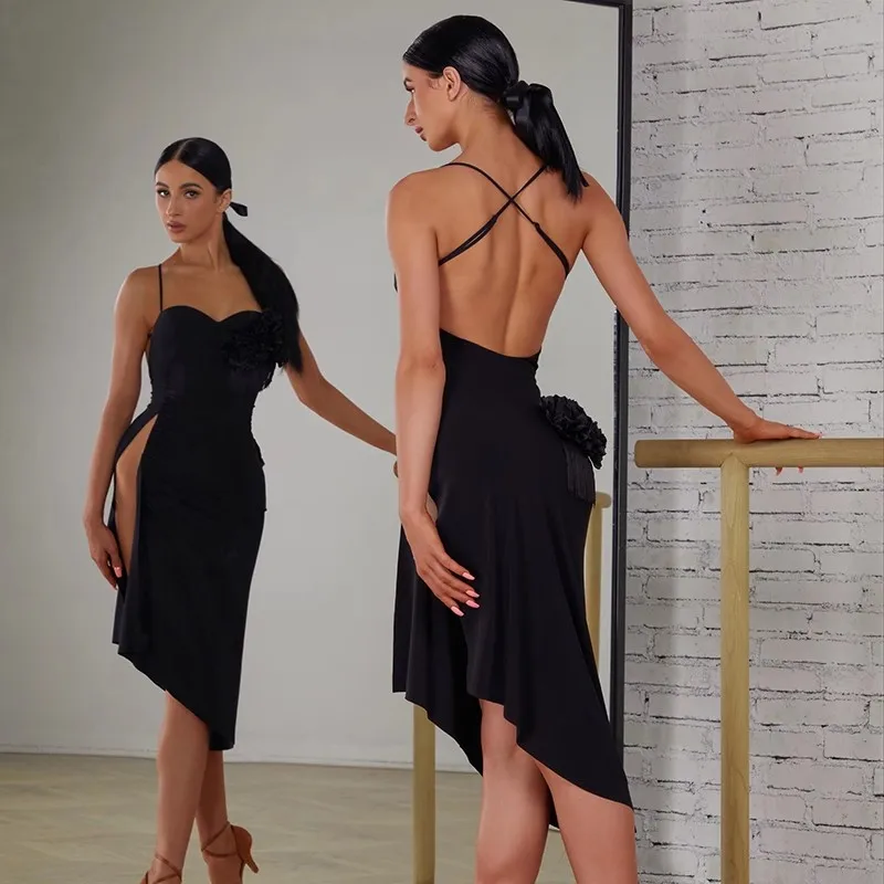 

White Latin Dance Dress For Women Performance Backless Rumba Salsa Dancewear Clothes Sleeveless Adult Ballroom Dance Dresses
