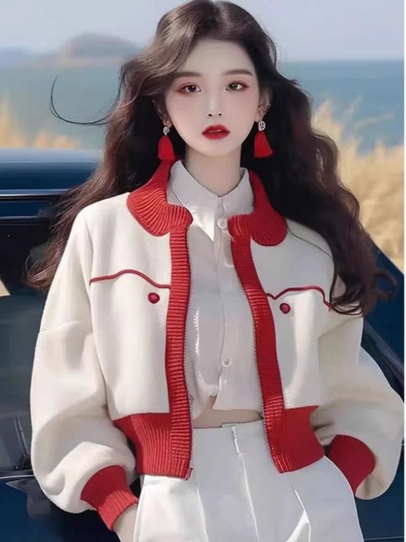 

Trendy Coat Korean Clothing 2025 New Spring And Autumn Style White Short Baseball Jacket Women Casual Outerwear w1801