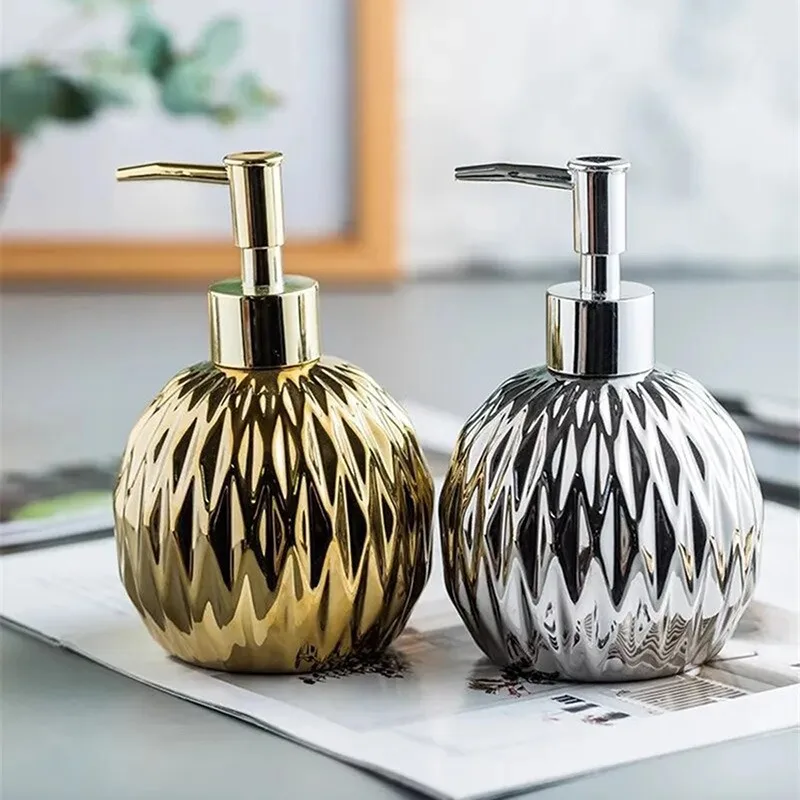 1Pcs 400ML Siver Gold Soap Dispenser Kitchen Bathroom Hand Liquid Soap Dispenser Ceramic Shampoo Lotion Shower Gel Pump Bottles