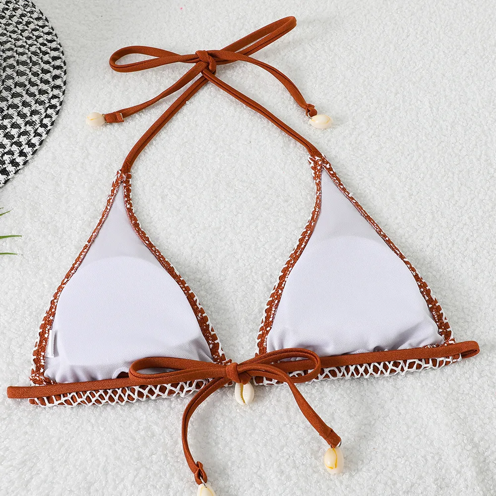 Neue Badeanzug Einfarbig Fishnet Sexy Hohl Zwei-stück Set Bikini Shell Dekoration Halter String Dreieck Badeanzug Bademode