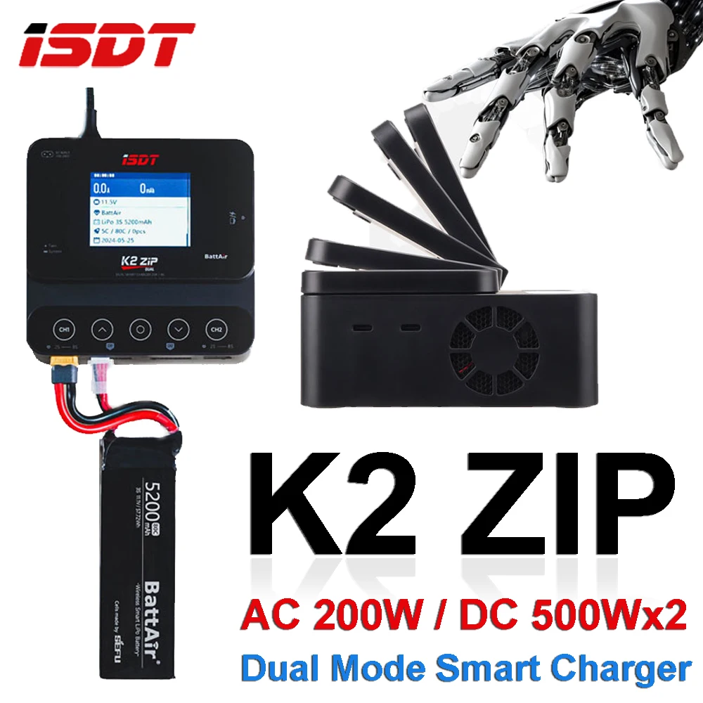 

ISDT K2 ZIP Dual Channel Smart Fast Charger AC 200W / DC 500Wx2 with 2.8 Inch IPS LCD Screen for 1~8S LiFe Lilon LiPo 1~7S LiHv