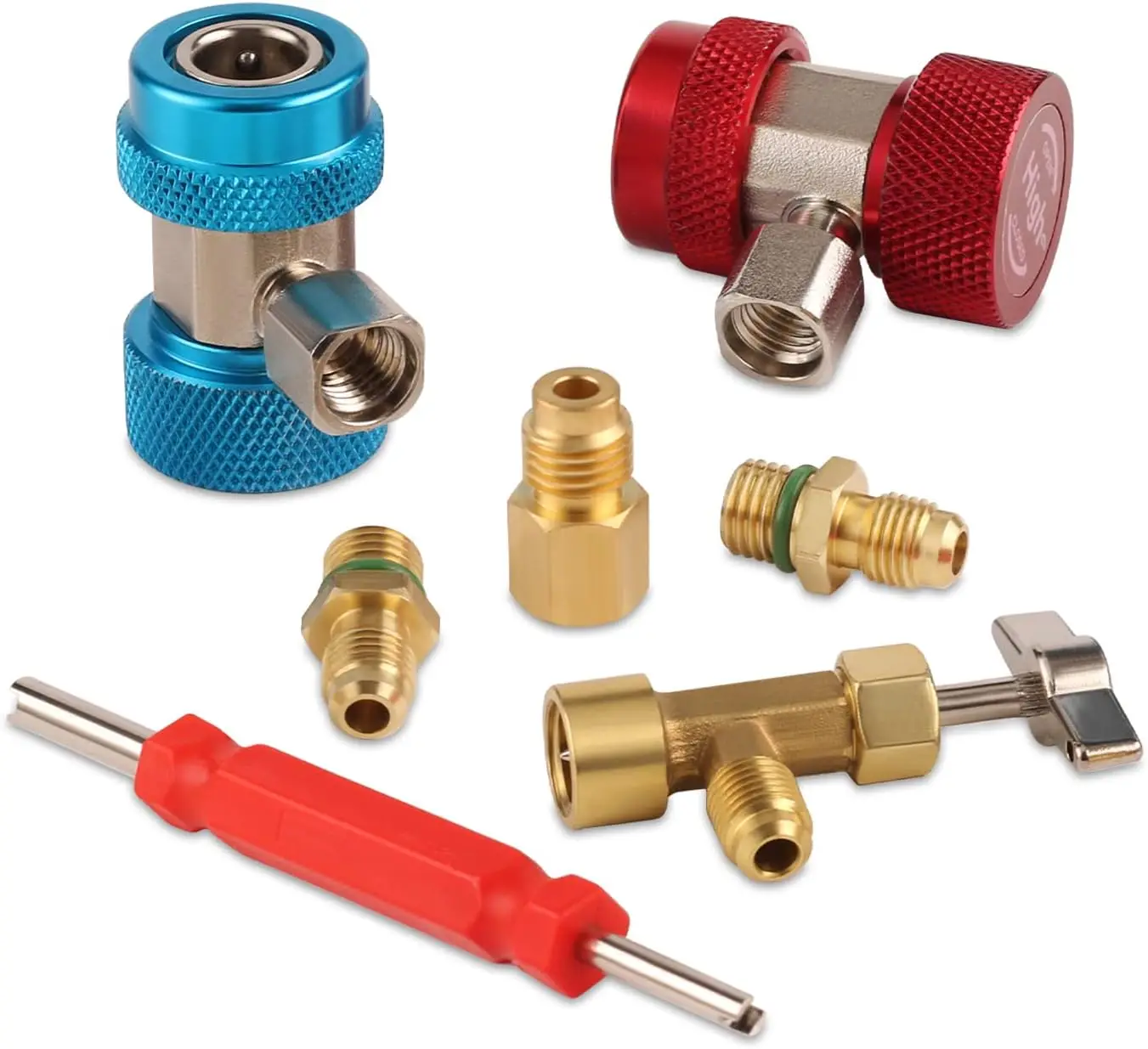 

Комплект адаптеров A/C R134A с инструментом для проколов, разъемом для шланга быстрого соединения, адаптером бака и устройством для удаления сердечника клапана QA02