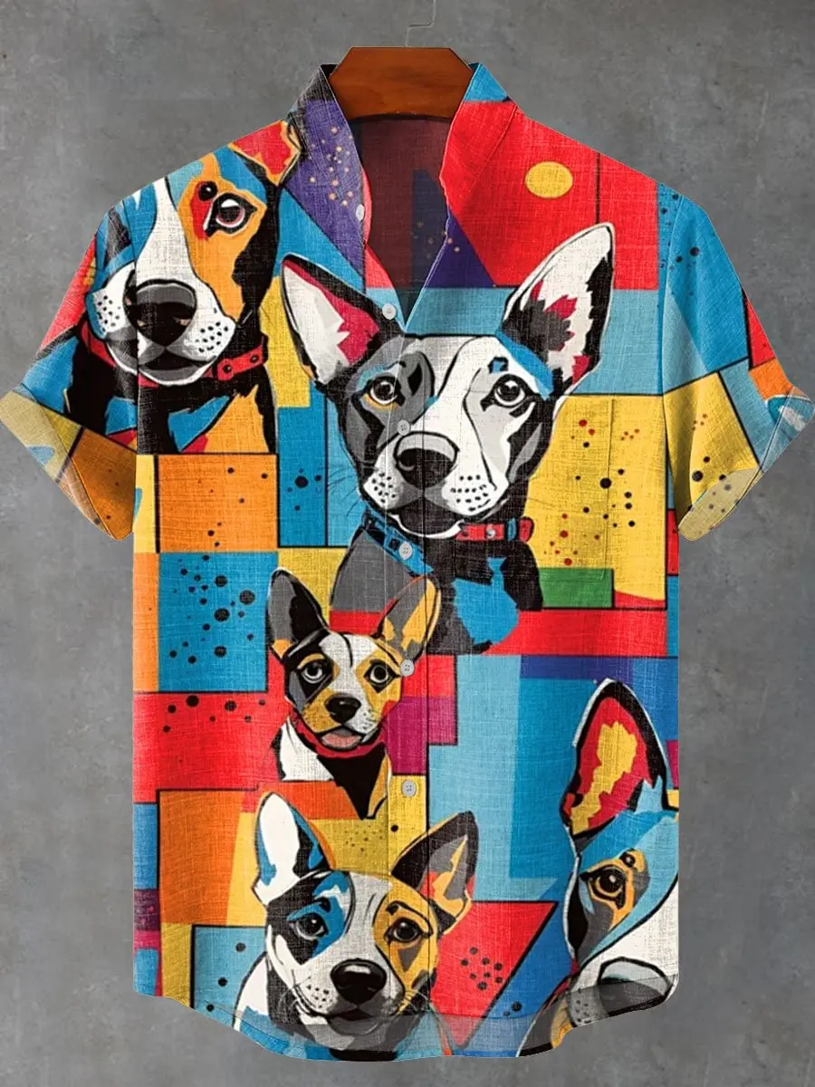 

2025 men's summer casual linen short sleeved shirt, high-quality fashionable button top, cute dog pattern print