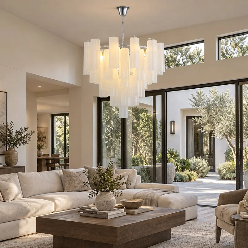 Murano White Glass Chandelier for Living Dining Room Bedroom Villa Plum Blossom Tube Glass Lampshade Luxury Round Pendant Light