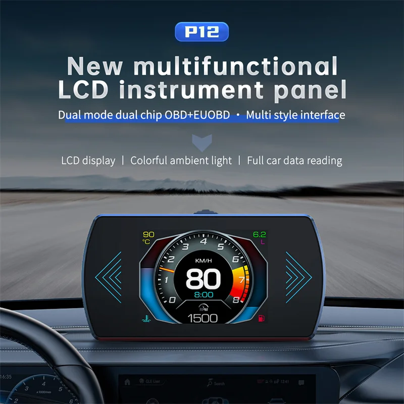 

P12S Автомобильный проекционный дисплей OBD2 с двумя системами для HUD OBD: умный цифровой измеритель скорости, уровня топлива, считыватель кодов неисправностей, бортовой компьютер