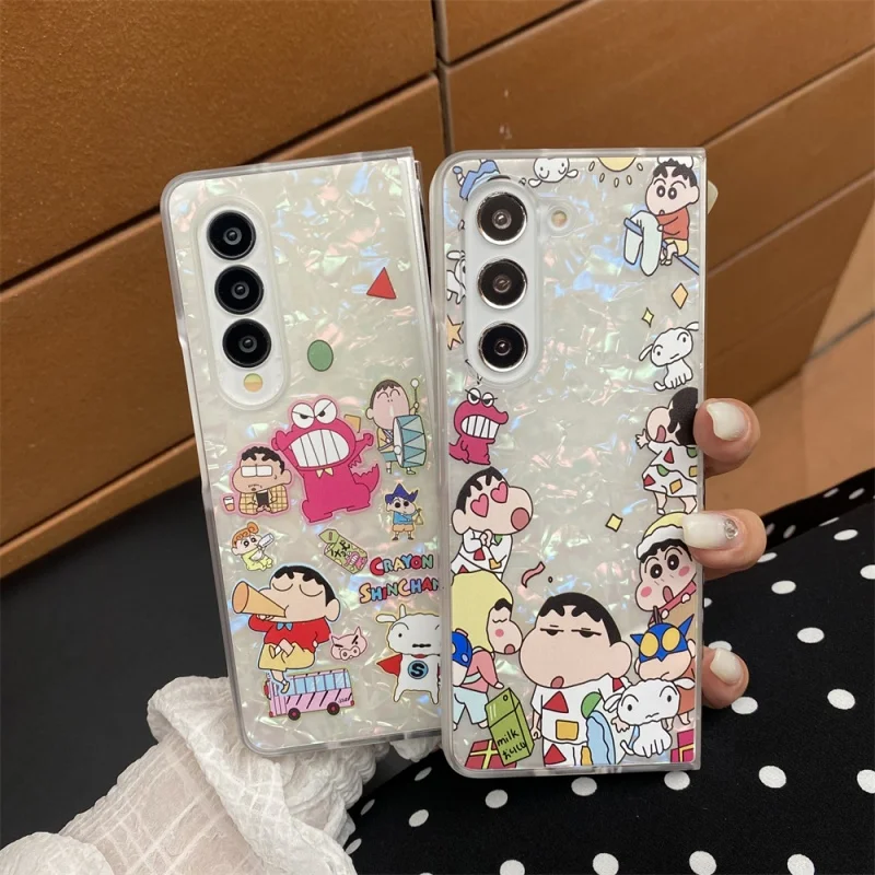 

Cute Cartoon Crayon Shin-chan Boochan Laser Shell pattern Folding Phone Case For Samsung Z Flip 3 4 5 6 7 ZFold 3 4 5 6 7 Cover