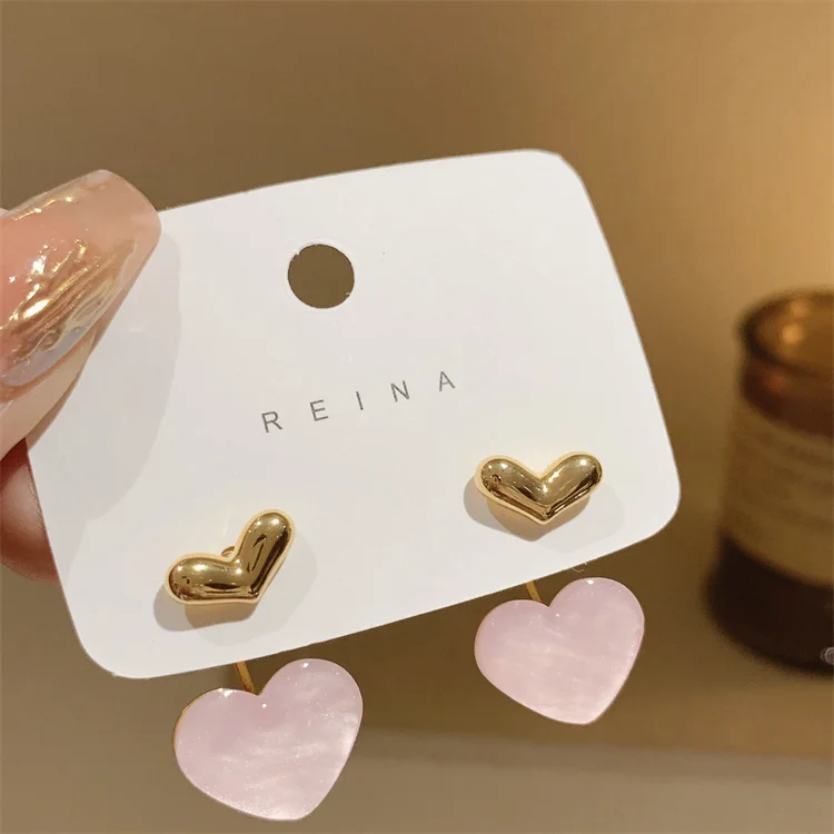 Cute Heart Drop Earrings for Woman With Pink Opal Golden Teens Unusual Korean Hanging Earrings Trend 2022 Fashion Accessory