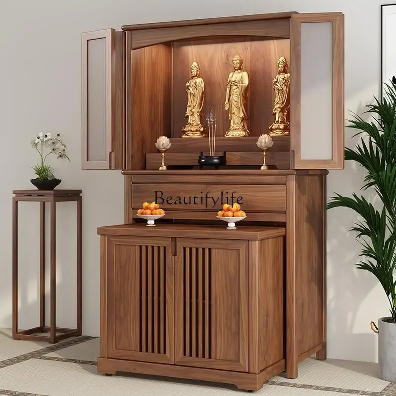 06Black walnut casket new Chinese vertical cabinet living room solid wood Buddhist cabinet shrine cabinet