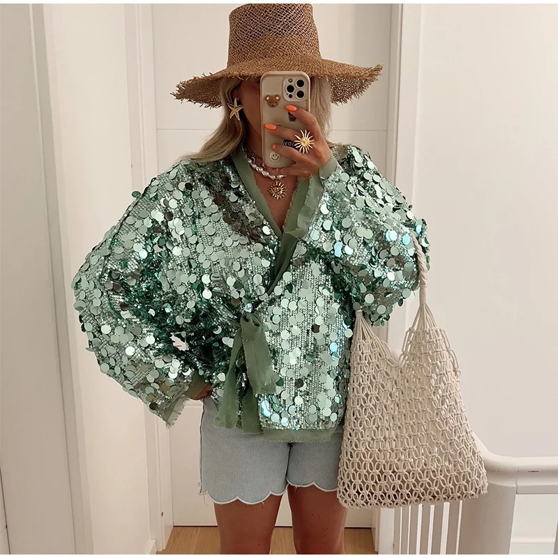 Fashion Sparkling Beaded Short Loose Jacket Elegant V Neck Long Sleeve Lace Up Cardigans 2025 Spring Female Elegant Streetwear