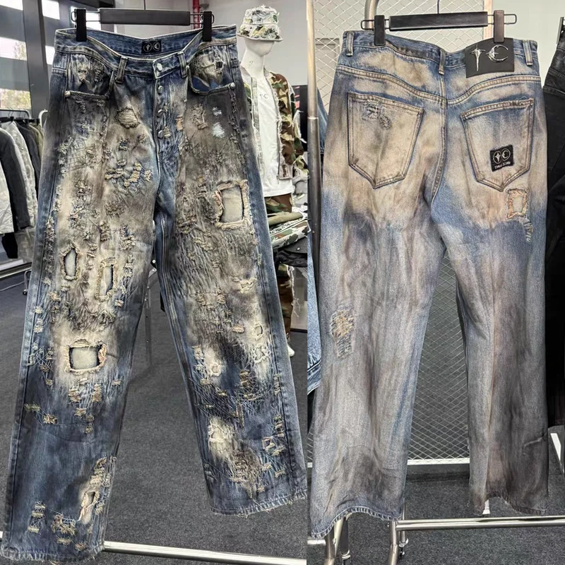 

Джинсы Thug Club, настоящая картина, тяжелая ткань, рваные брюки Old Dirty Line, уличные трендовые мужские и женские джинсовые брюки