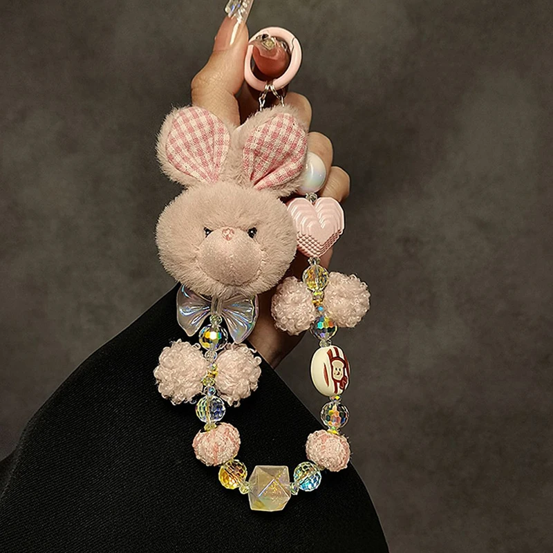 Girls Cartoon Lovely Rabbit Doll Anti-Lost Phone Chain Sweet Handmade Bowknot Beads Pendant Keychain Charm Wrist Phone Lanyard