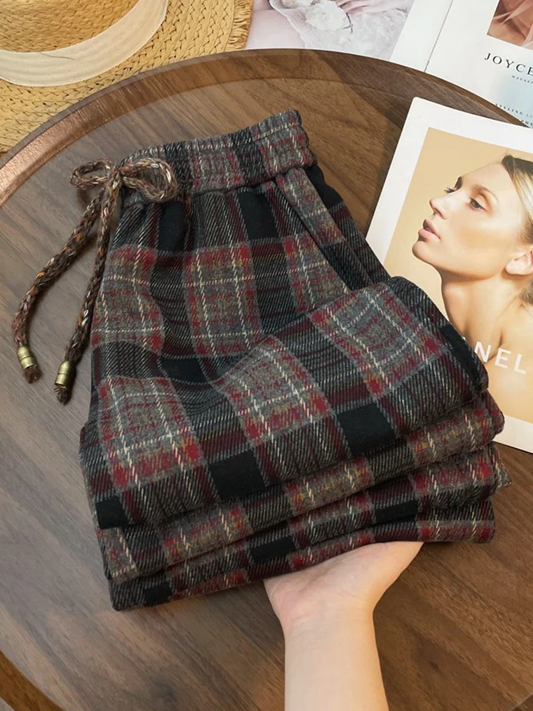 Ropa de calle Retro, pantalones a cuadros para mujer, pantalones rectos holgados de Hip Hop con cordones, pantalones de pierna ancha informales Vintage Harajuku Bf de cintura alta