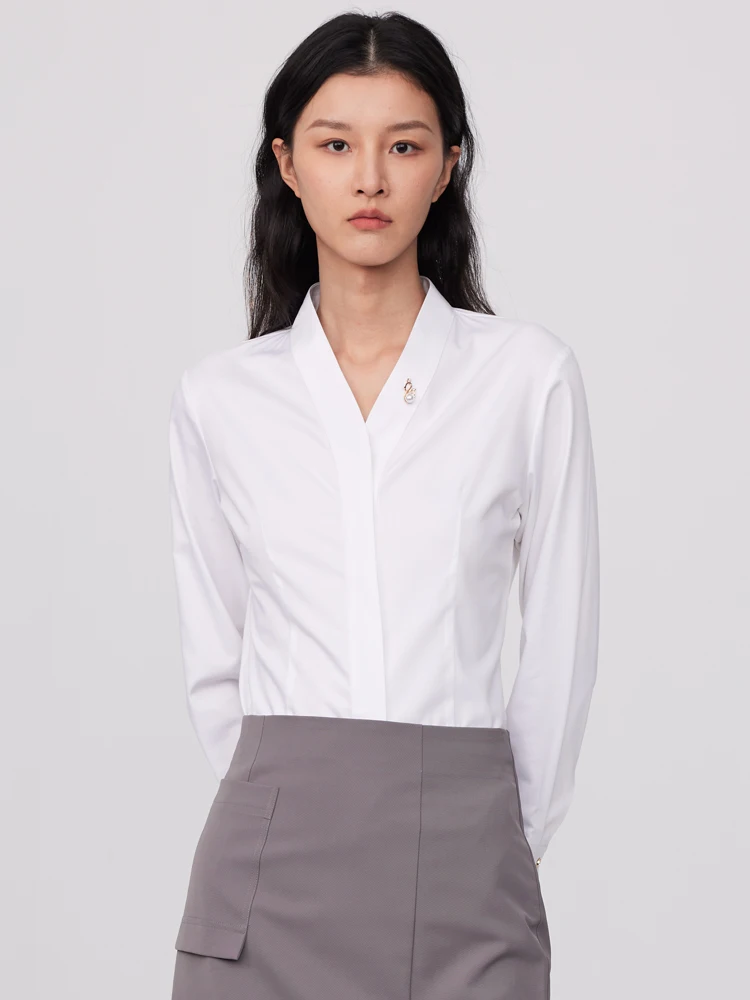 

Ladies Office Detachable Brooch V-Neck Dress Shirts Without Pocket Hidden Buttons Placket Long Sleeve Slim-fit Female Shirt