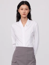 Ladies Office Detachable Brooch V-Neck Dress Shirts Without Pocket Hidden Buttons Placket Long Sleeve Slim-fit Female Shirt