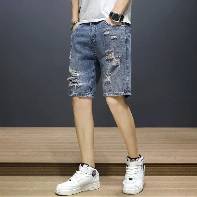 Short Jeans Pants for Men Half with Text Ripped Long Man Denim Shorts Bermuda Cowboy Jorts Xl Summer Korean Style Trend 2024