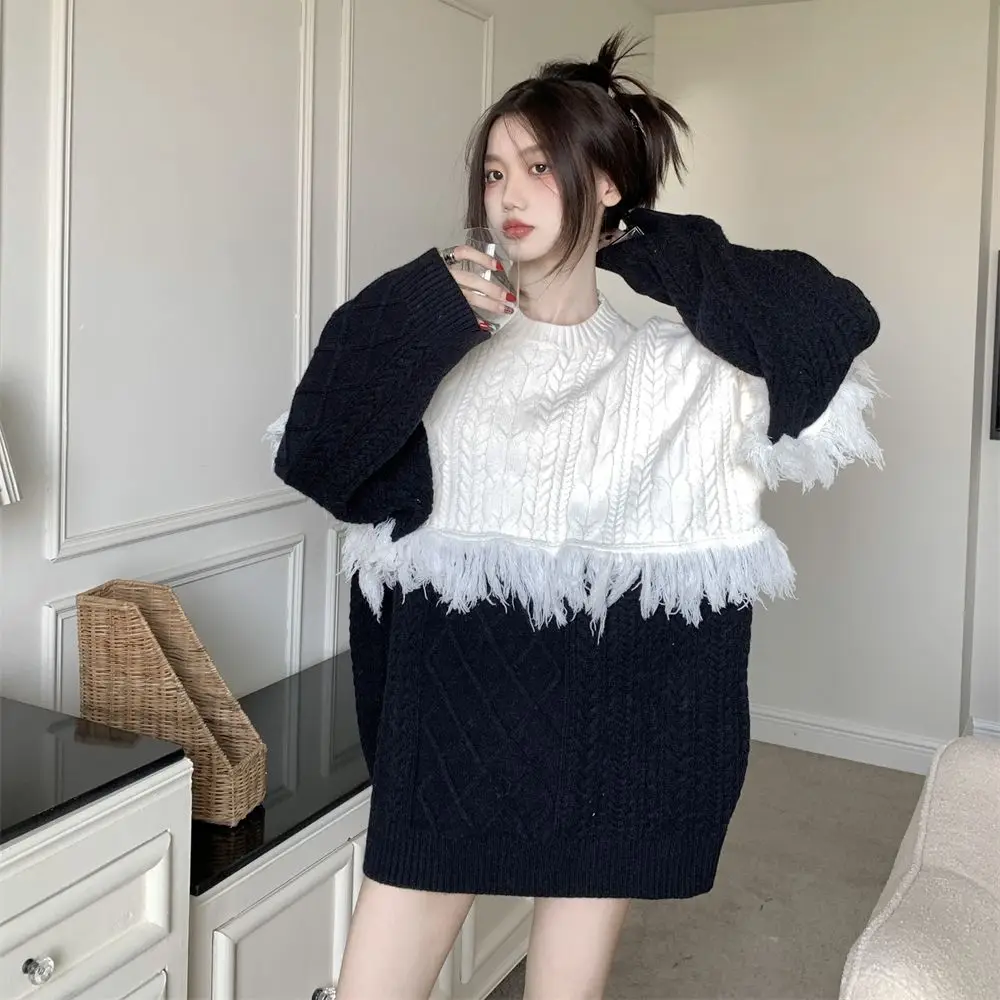 Pullover Frauen Quaste Patchwork Winter Neue Mode Lose Pullover O Neck Warme Gestrickte Tops Weiblichen Straße Casual Jumper 2023