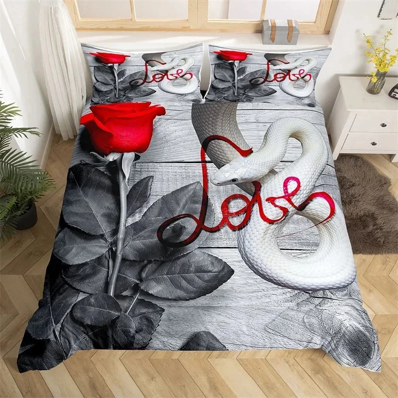 

Snake Duvet Cover Romantic Red Rose Floral Bedding Set Microfiber Wild Animal Comforter Cover Single King Queen For Kids Adult