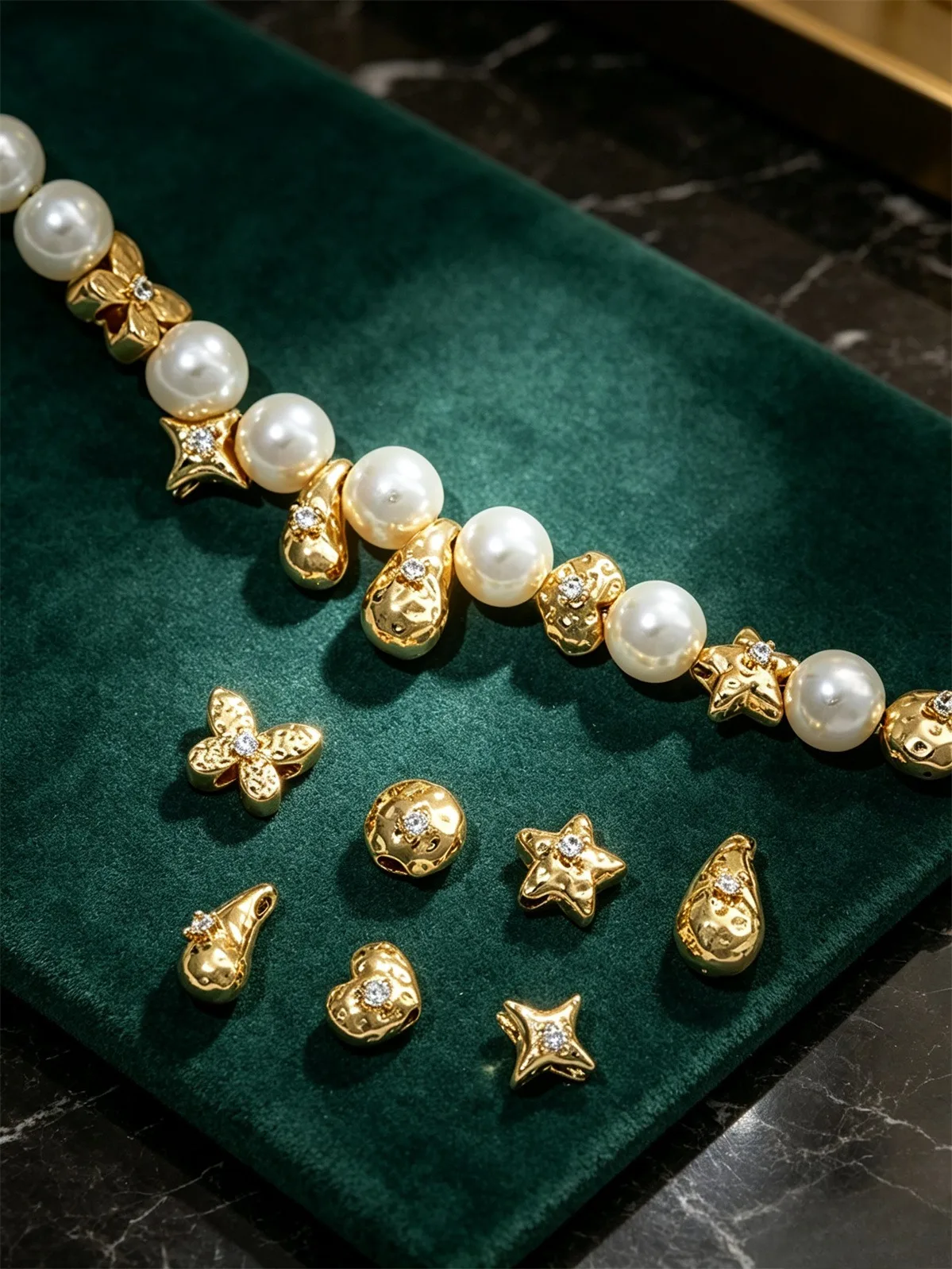 14K Gold Plated Meteorite Texture Beads with Zircon Mango Star Butterfly Heart & Teardrop Spacer Beads for DIY Jewelry Making