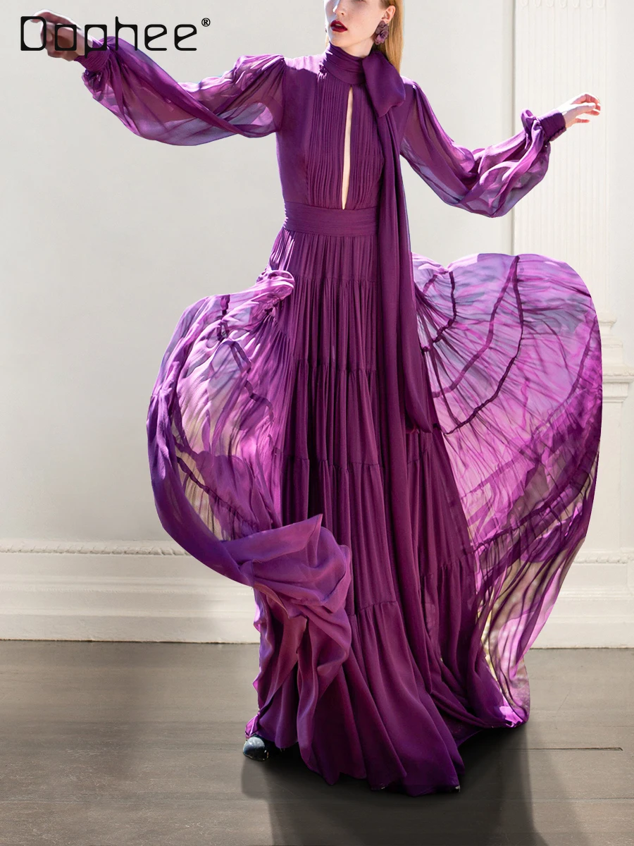 

Light Luxury French Style Purple Dress for Women Elegant Long Sleeve Heavy Craftsmanship Slim Fit Large Hem Maxi Evening Dresses