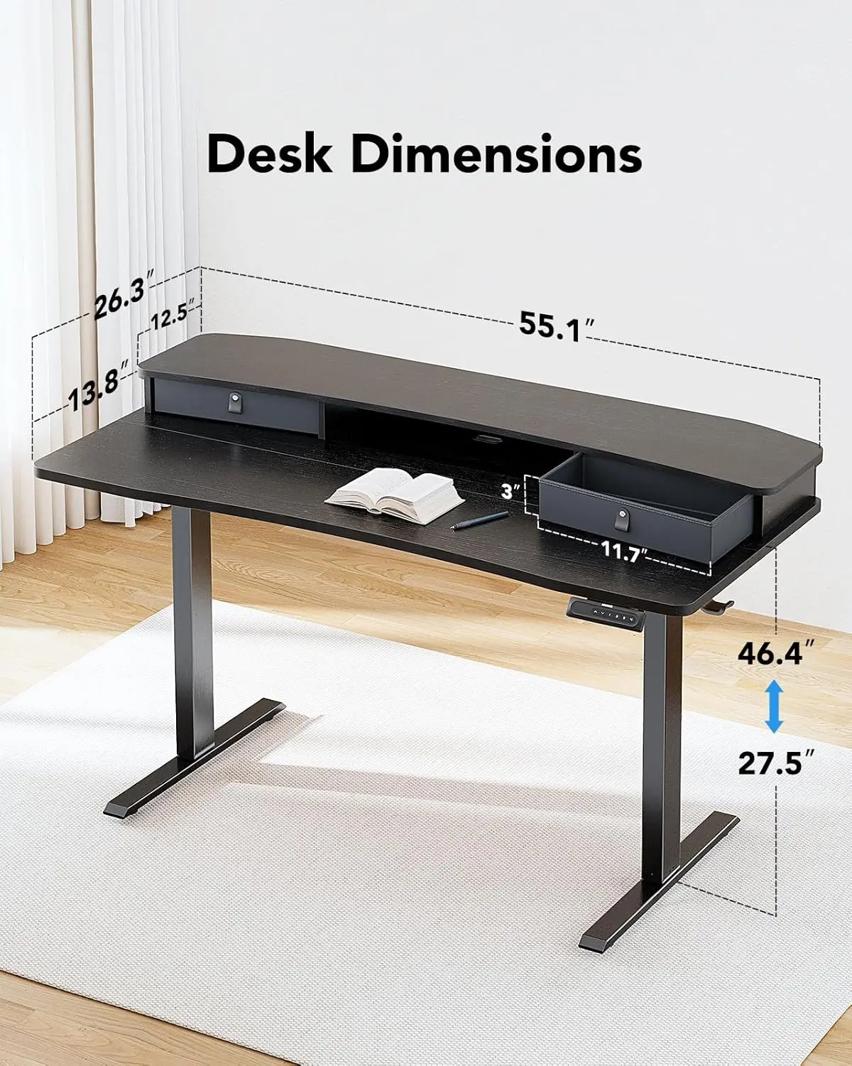 HUANUO Mesa elétrica de pé de 55′′ x 26′′ com 2 gavetas, compatível com montagem em C, mesa de computador com altura ajustável, escritório doméstico